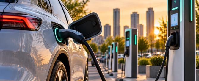 Auto eléctrico conectado a una estación de carga inteligente en la ciudad