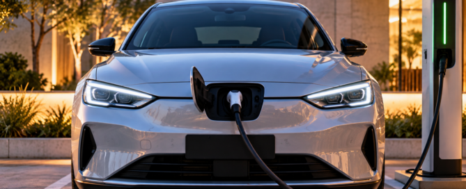 Auto eléctrico de frente conectado a una estación de carga de batería