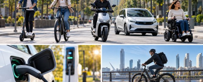 Auto, moto, bicicleta, monopatín y silla de ruedas eléctricos en entornos urbanos