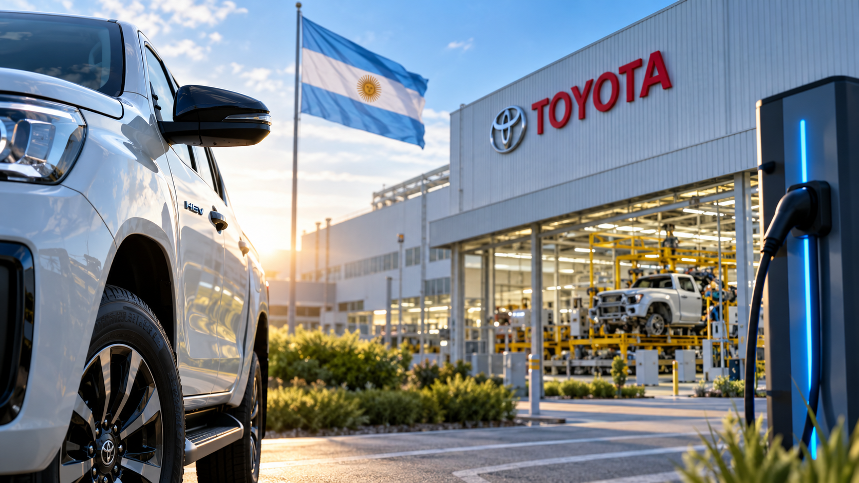 Imagen ilustrativa de una planta automotriz de Toyota en Argentina, con un vehículo híbrido, una estación de carga eléctrica y la bandera argentina