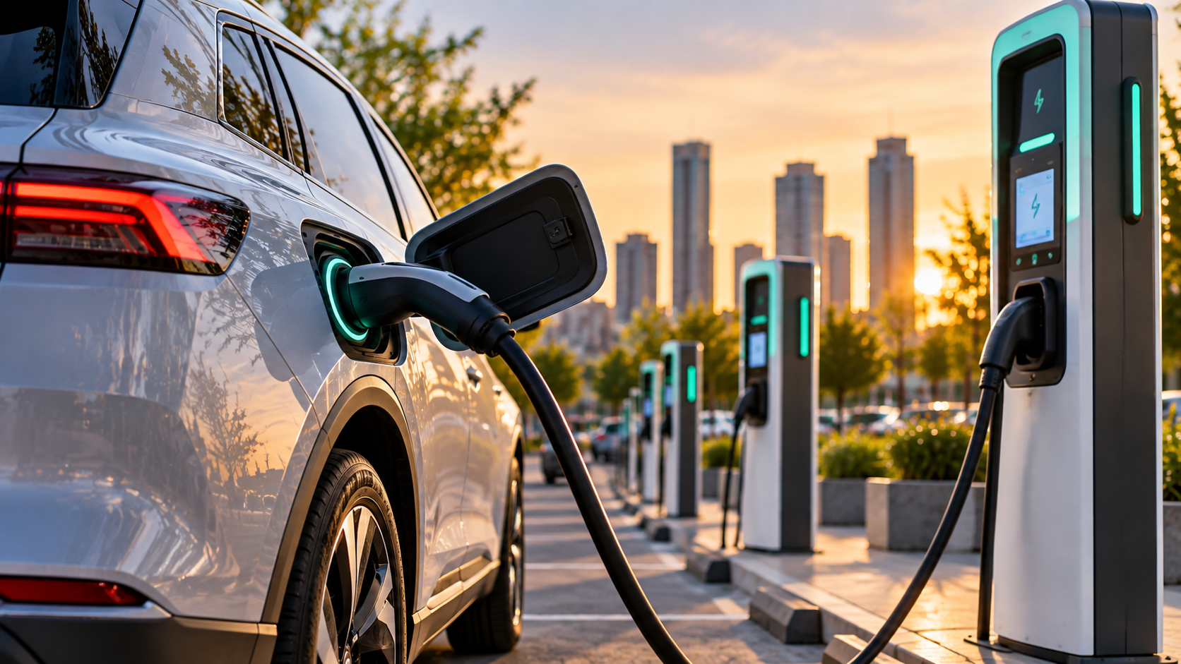 Auto eléctrico conectado a una estación de carga inteligente en la ciudad