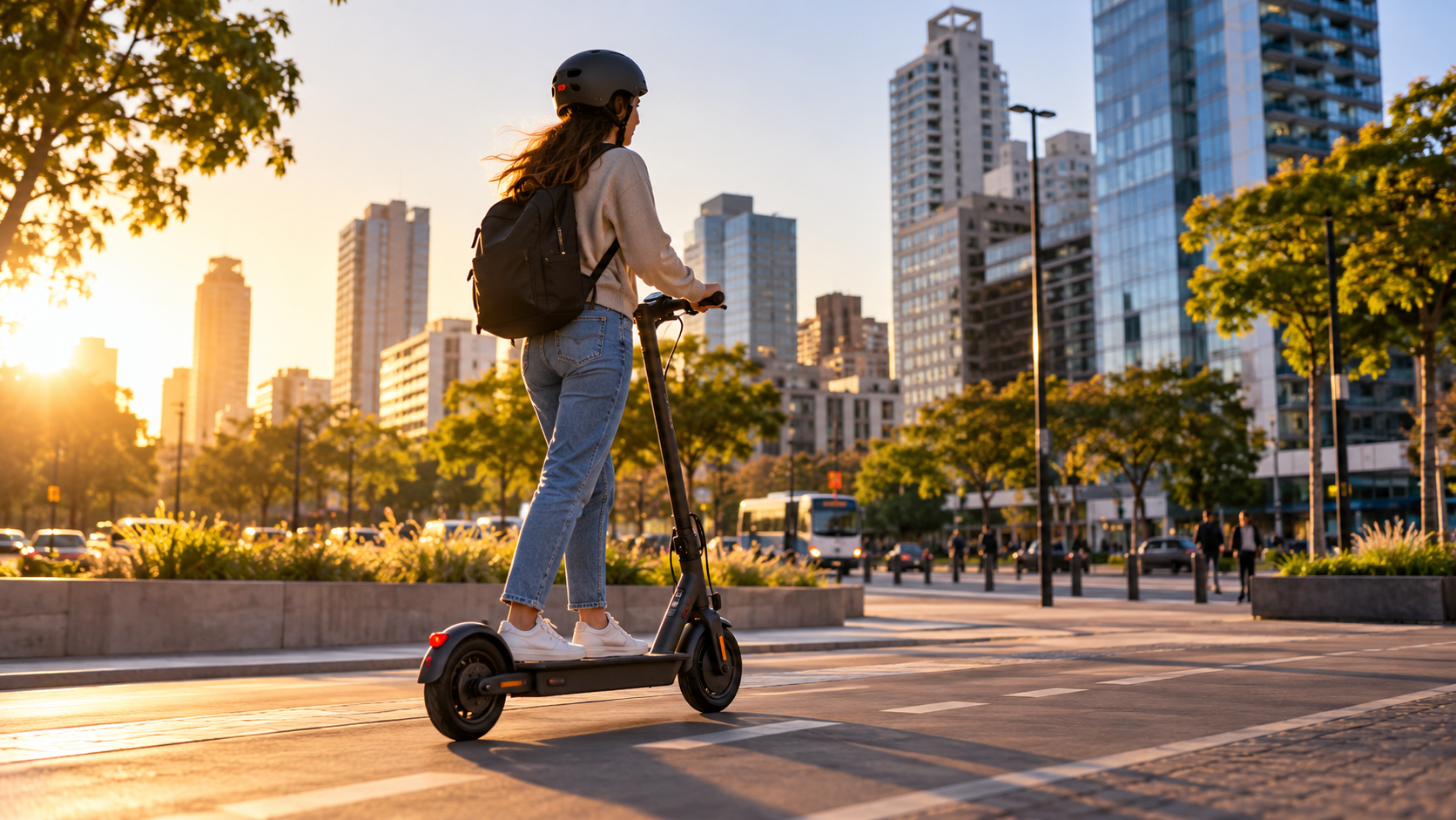 Mujer circulando en monopatín eléctrico por una ciclovía de una ciudad, una alternativa de movilidad urbana sustentable