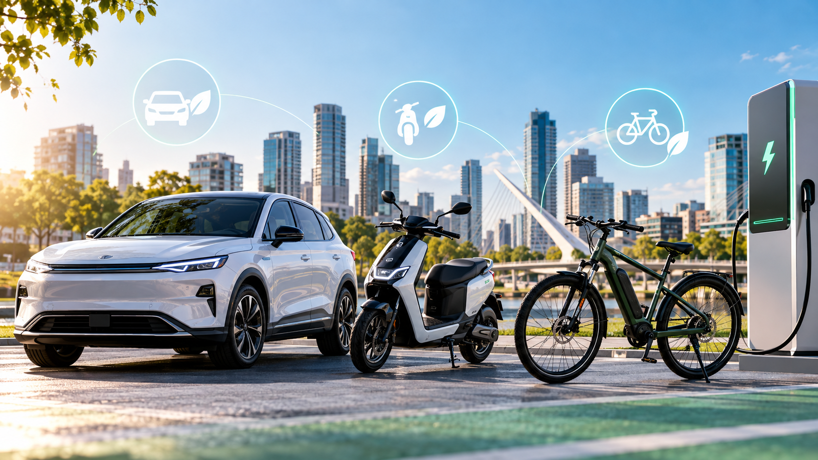 Auto eléctrico, moto y bicicleta eléctrica junto a una estación de carga, representando el crecimiento de la movilidad sustentable en Argentina