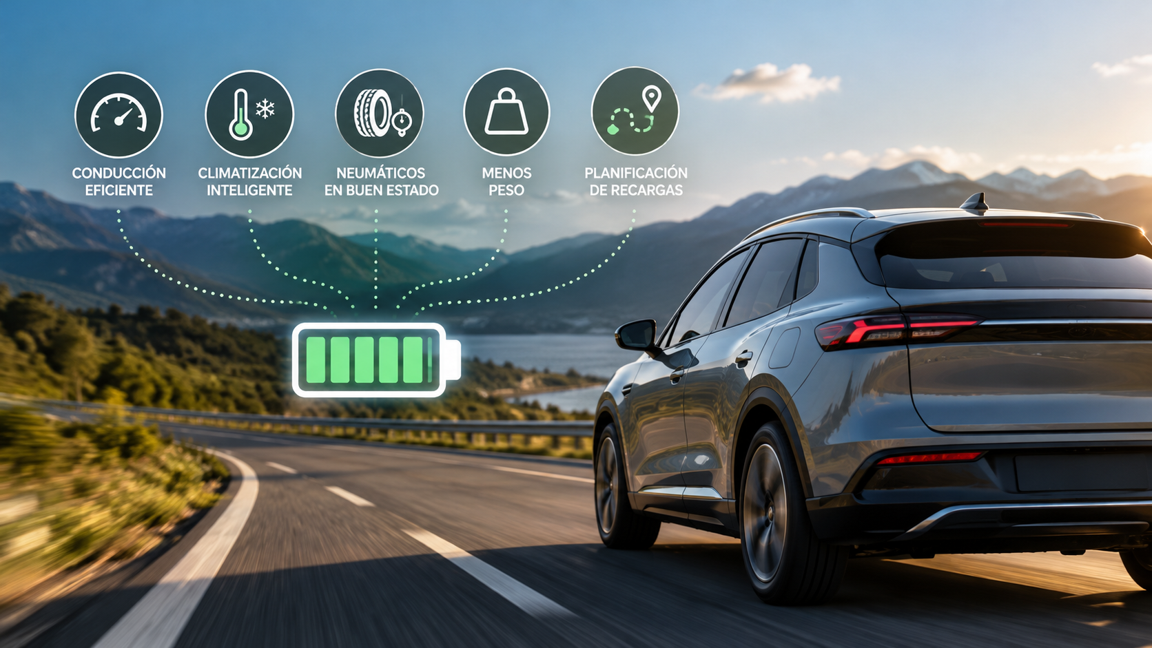 Auto eléctrico circulando por una ruta de montaña con indicadores de conducción eficiente, batería, climatización y planificación de recargas