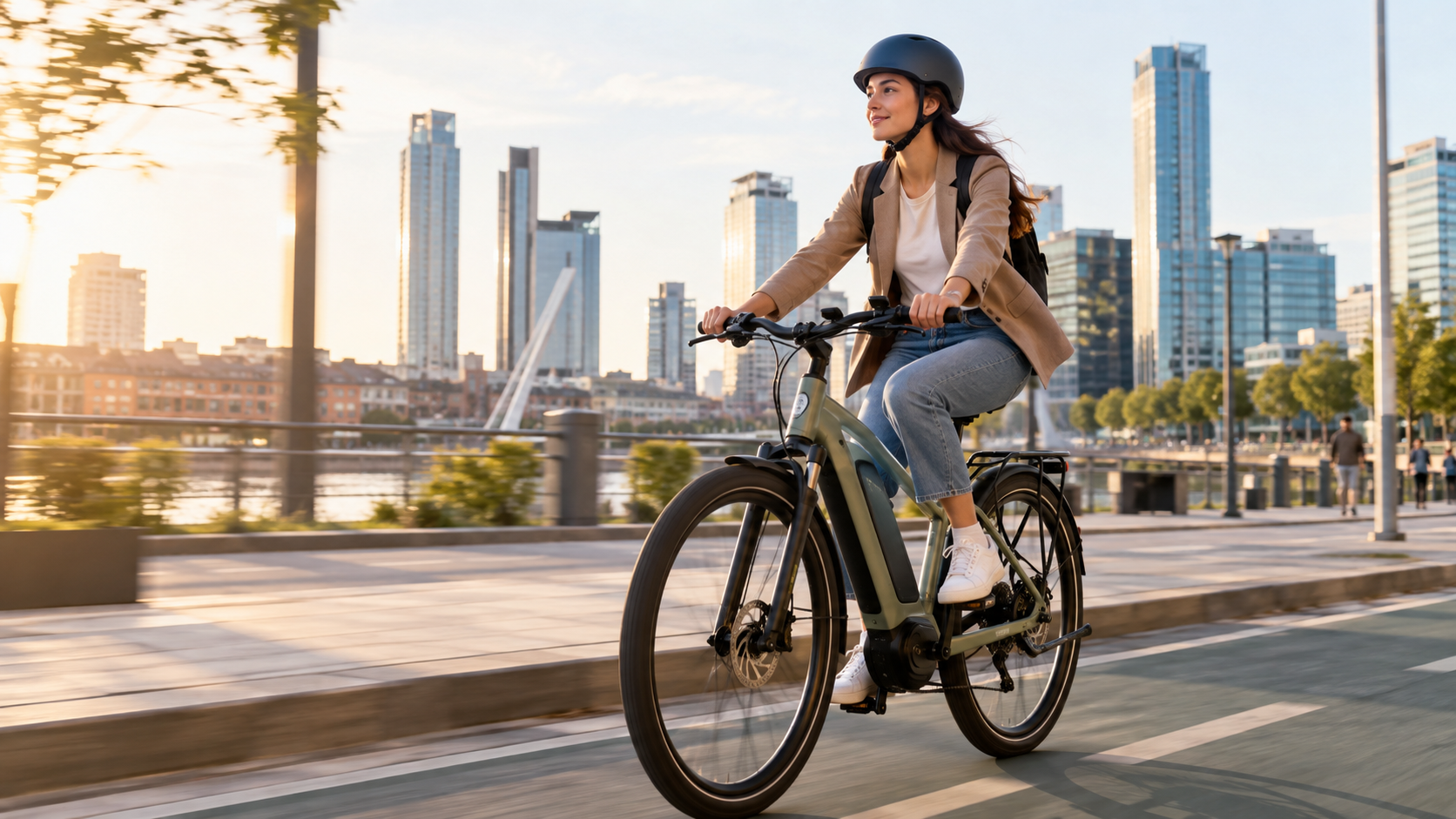 Mujer circulando en bicicleta eléctrica por la ciudad para realizar sus traslados diarios