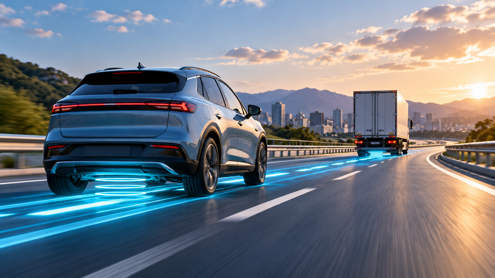 Auto y camión eléctricos circulando por una autopista con tecnología de carga inalámbrica integrada en el pavimento, que permite recargar las baterías durante el recorrido