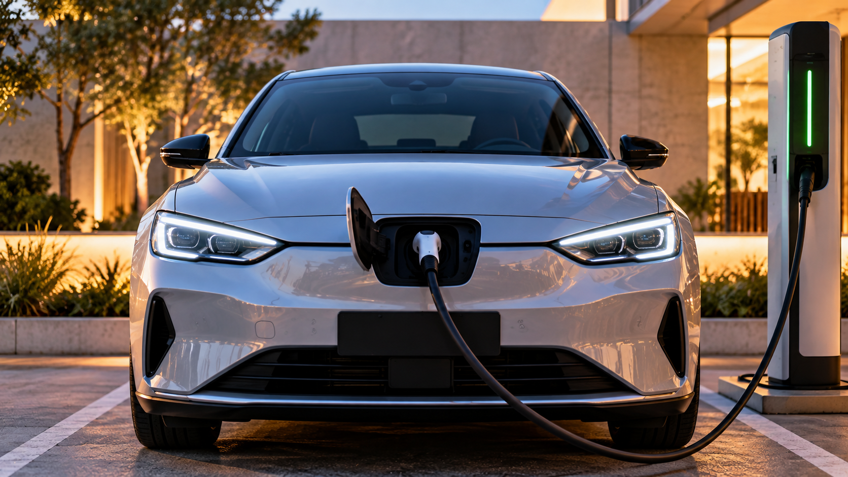 Auto eléctrico de frente conectado a una estación de carga de batería