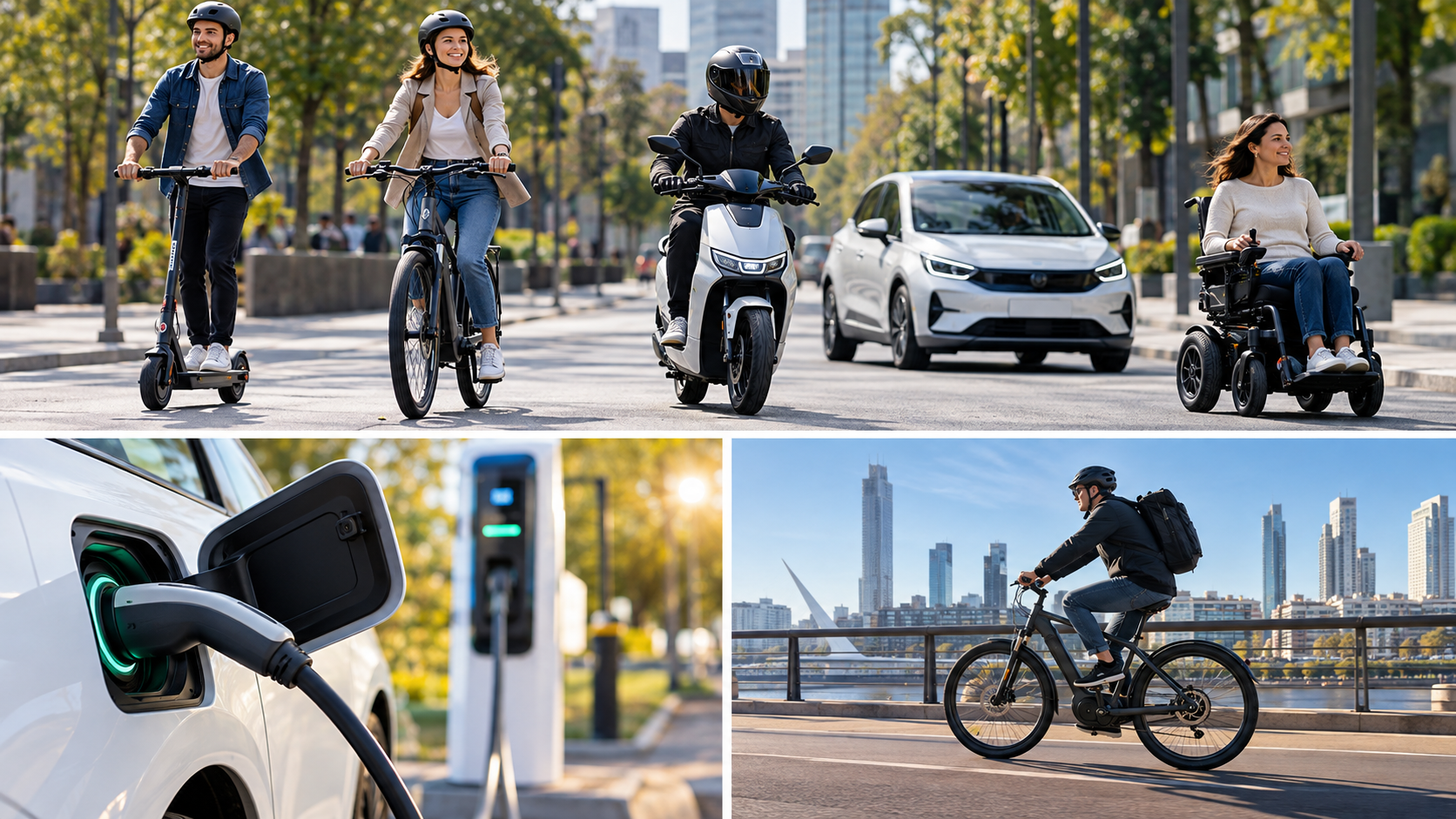 Auto, moto, bicicleta, monopatín y silla de ruedas eléctricos en entornos urbanos